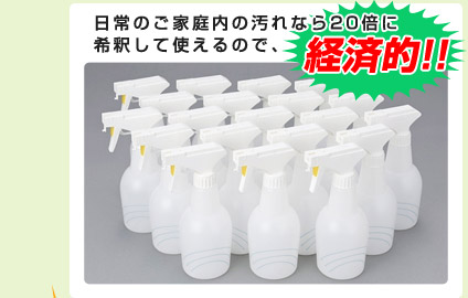 日常のご家庭内の汚れなら20倍に希釈して使えるので、経済的