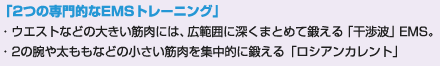 �u2�̐��I��EMS�g���[�j���O�v �E�E�G�X�g�Ȃǂ̑傫���ؓ��ɂ́A�L�͈͂ɐ[���܂Ƃ߂Ēb����u���g�vEMS�B �E2�̘r�⑾�����Ȃǂ̏������ؓ����W���I�ɒb����u���V�A���J�����g�v
