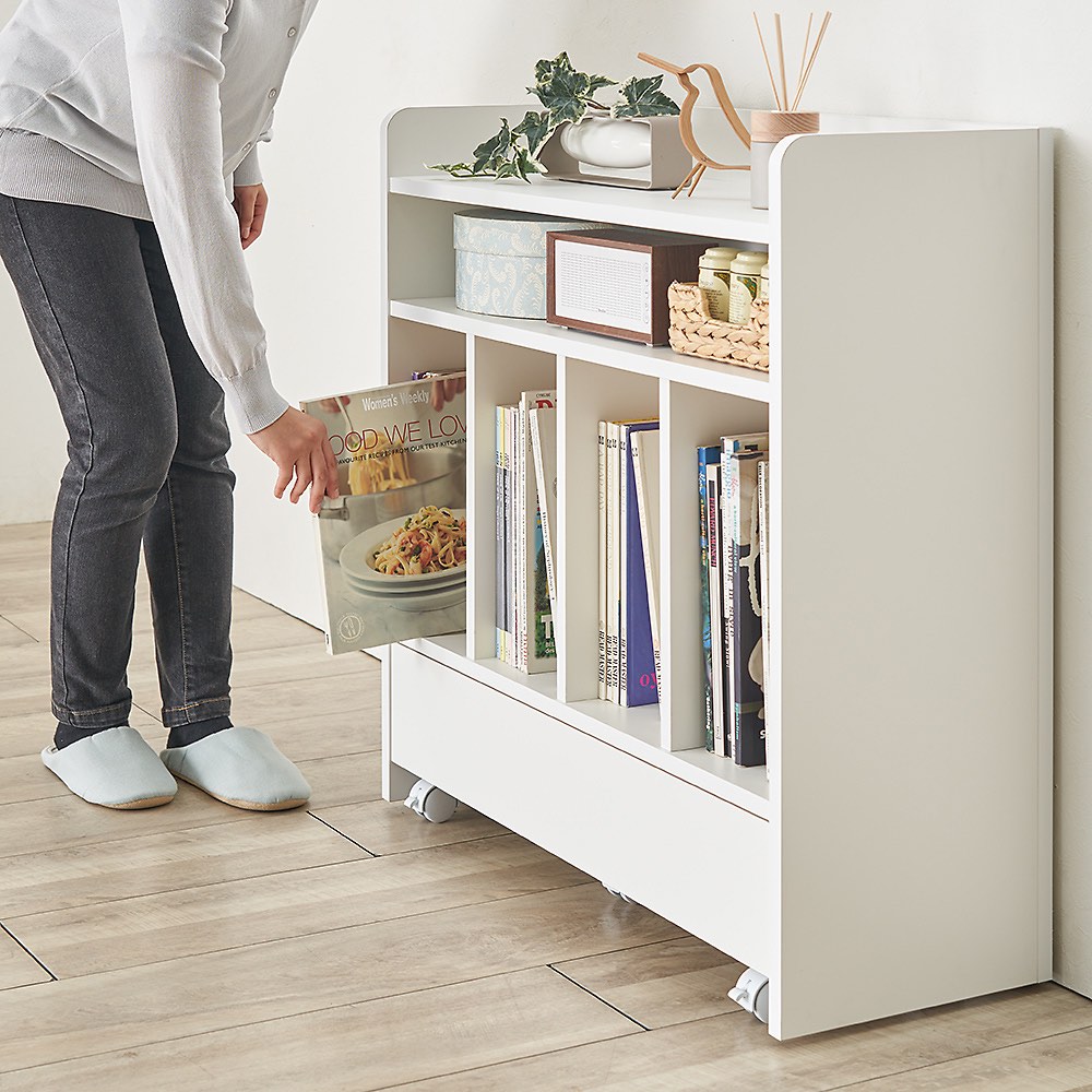 カウンター下収納 キッチン収納 食器棚 A4 薄型収納 伸縮 ディスプレイ 窓下 DVD収納 ディスプレイラック キッチンストッカー FAX台 日本製 引き出し 窓下収納 薄型 家電収納 スリムタイプ 引き出し付き 引き戸 伸長式カウンター下収納庫 幅160-260cm・高さ89cm 773618