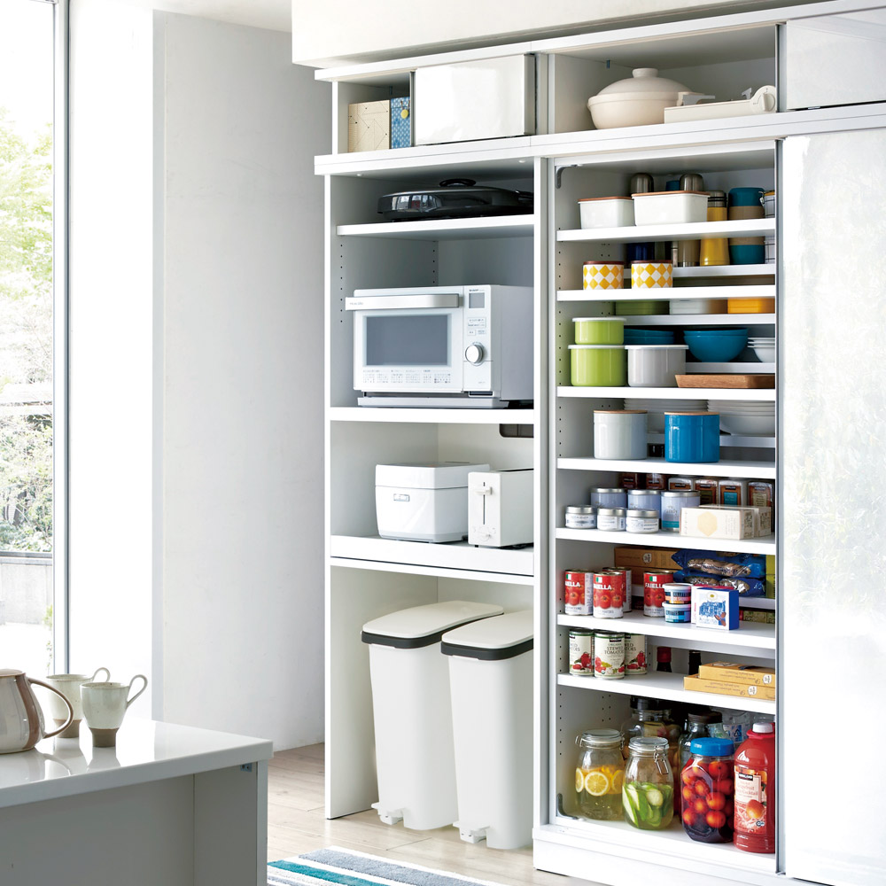 狭いキッチンでも広々使える引き戸式大型パントリーシリーズ レンジラック 下オープン 幅75.5cm 通販 ディノス