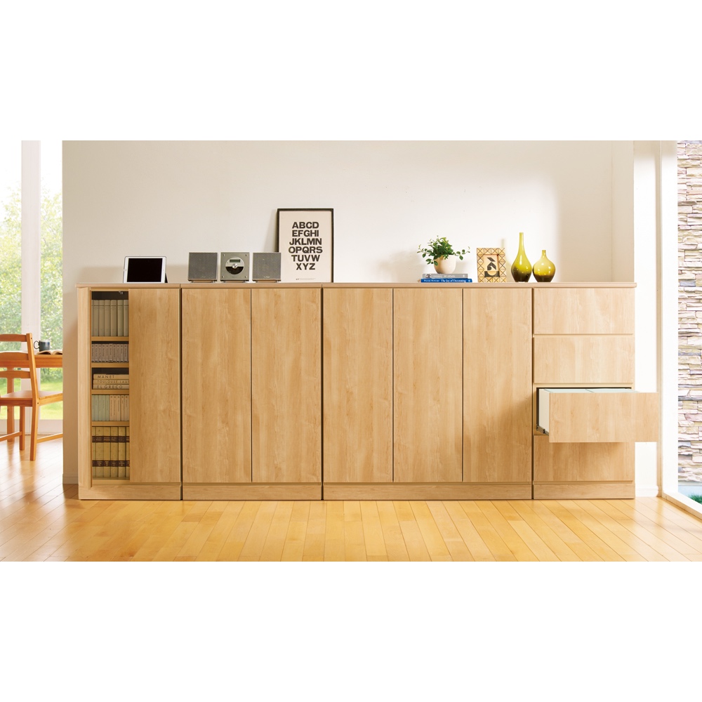 サイズデザインオーダー可ワイドロータイプ4扉キャビネットナチュラル