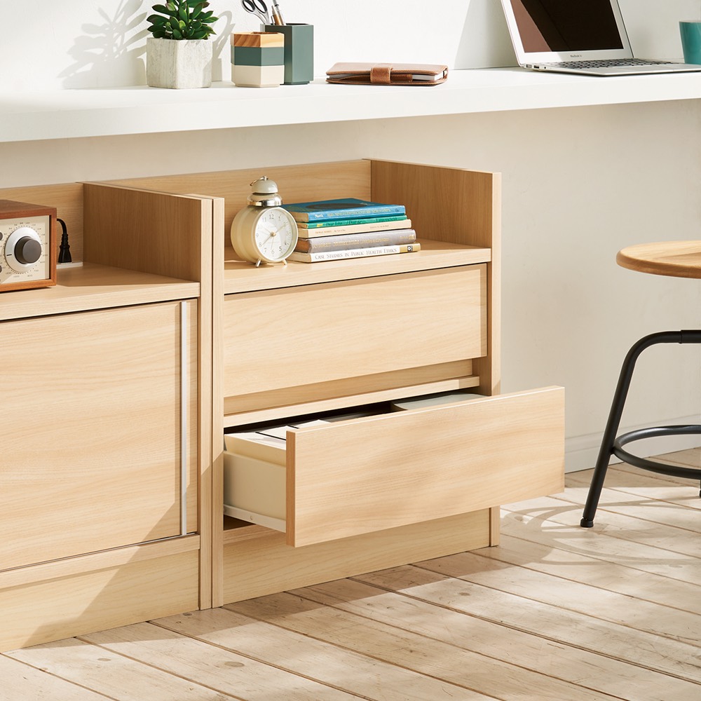 無印オーク無垢材デスクキャビネットワイド引出2段幅41．5