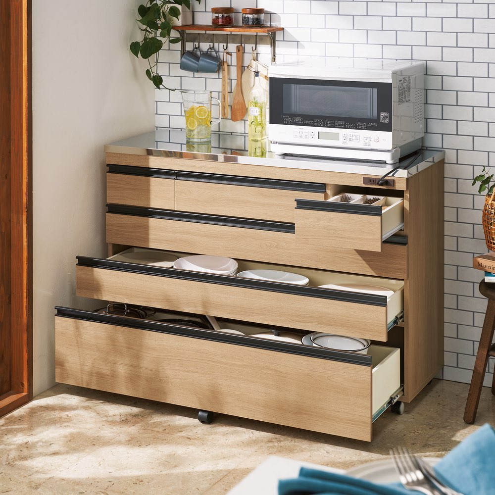 整理整頓しやすい!ステンレス天板スマートカウンター 幅90.5cm キッチンカウンター キッチン収納 528453