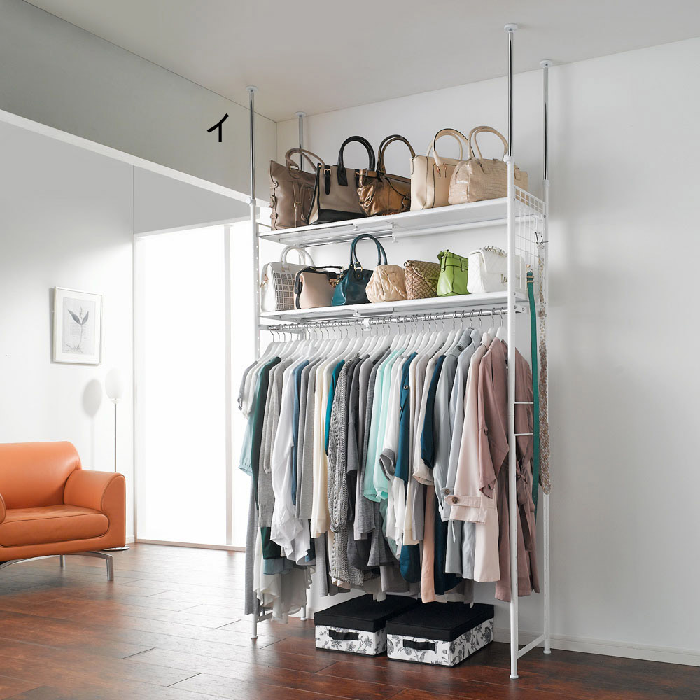 頑丈フレキシブル伸縮ラック 突っ張り式・幅83-125cm クローゼットハンガー カバー 衣類収納 531103