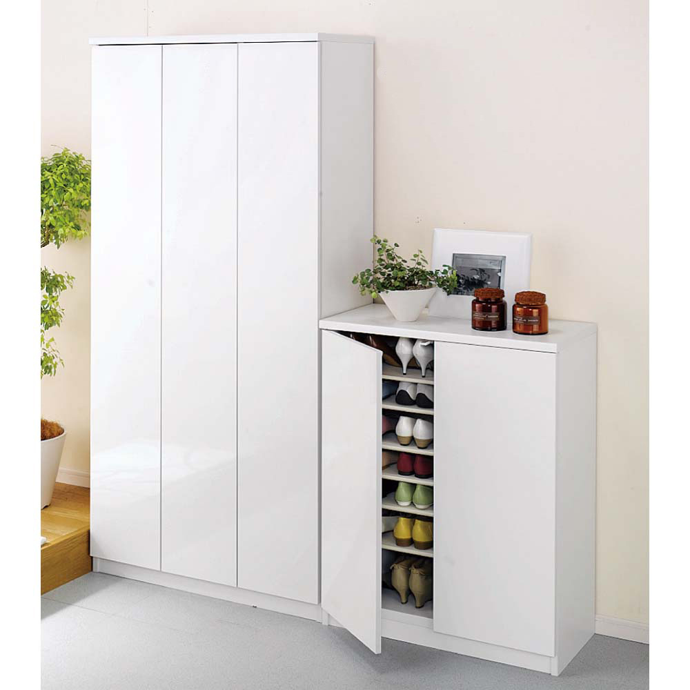 前面ミラー＆板戸シューズボックス ミドルタイプ・幅75.5 高さ93cm 下駄箱 シューズボックス 玄関収納 532521