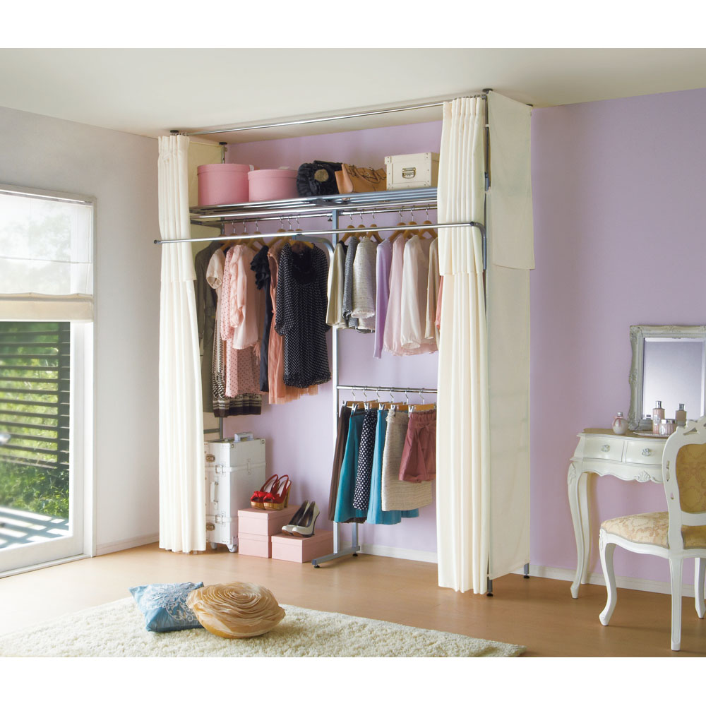 ハンガーラック 約幅118〜195×奥行55×高さ194cm ウォルナット 伸縮 クローゼットハンガー 上棚 カーテン付 組立品 寝室〔代引不可〕 ハンガーラック 約幅118〜195×奥行55×高さ194cm ウォルナット 伸縮