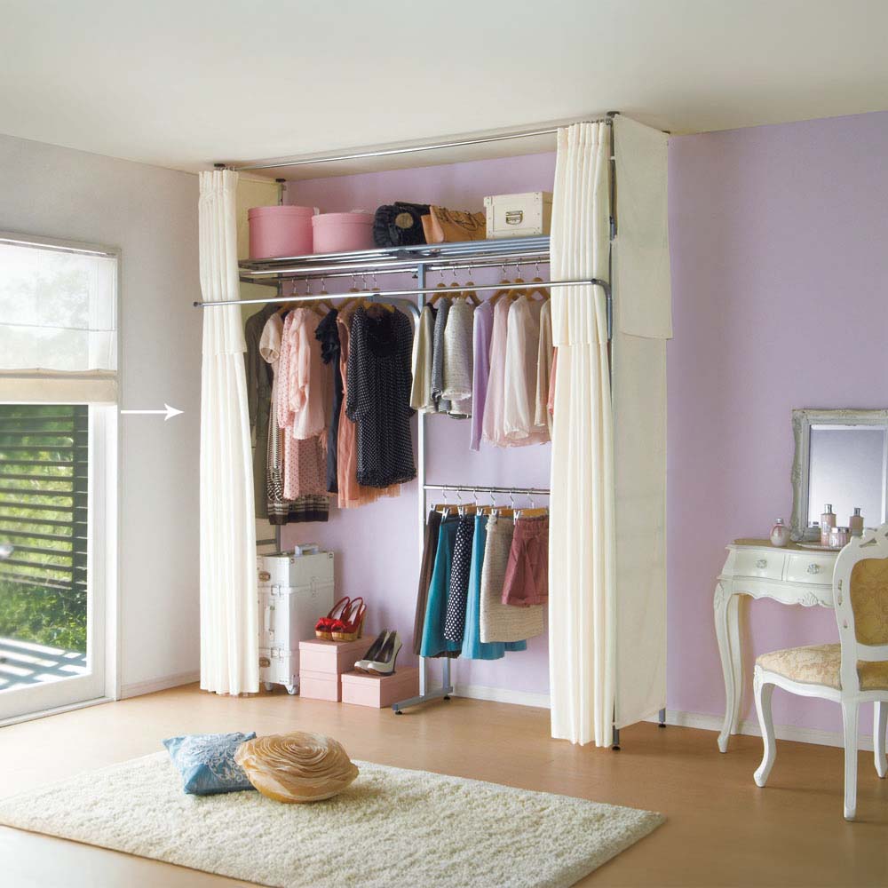 奥行53cm 上下カーテン付き突っ張り頑丈ハンガーラック ハイタイプ・【標準】幅147-200cm クローゼットハンガー カバー 衣類収納 531114