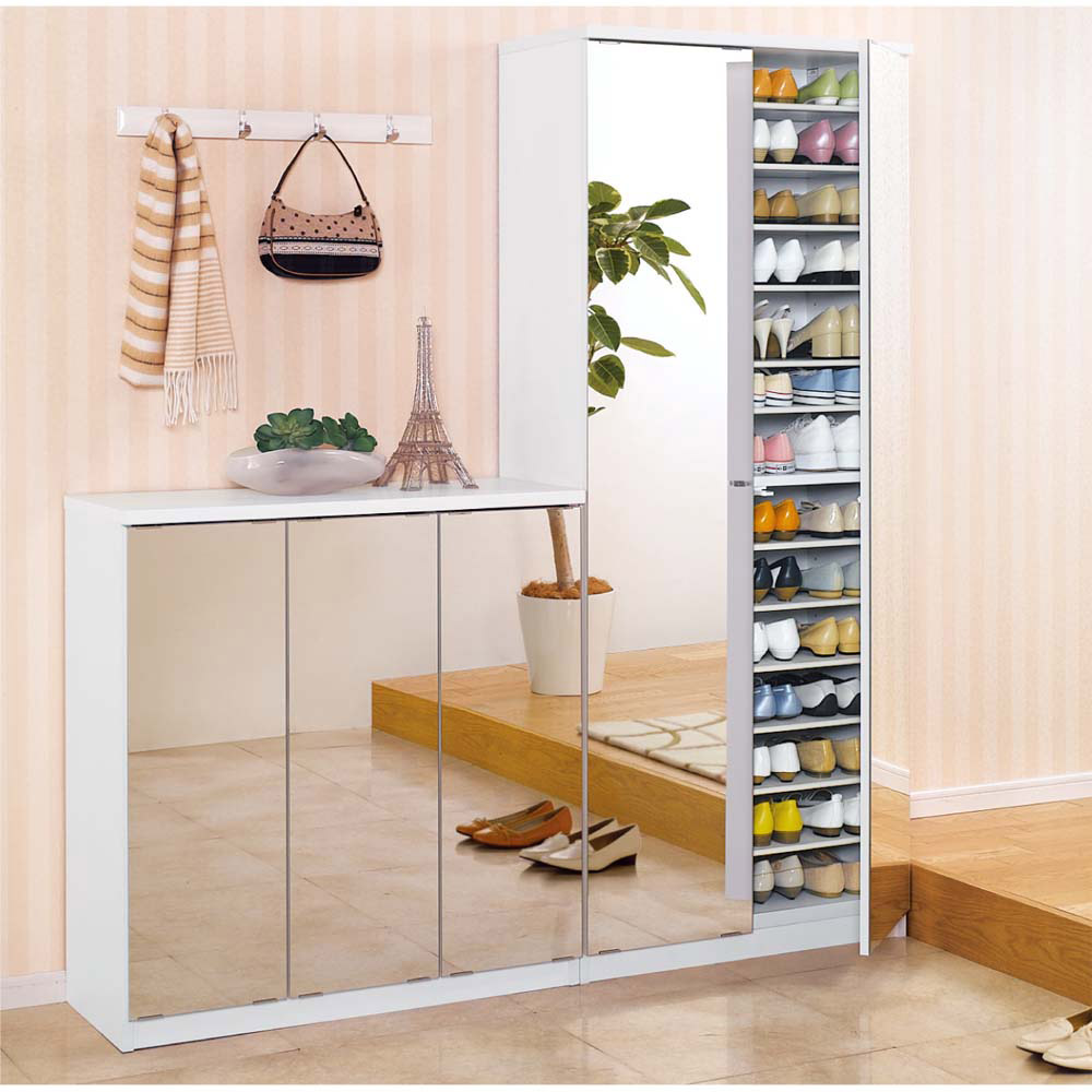 前面ミラー＆板戸シューズボックス ミドルタイプ・幅89.5 高さ93cm 下駄箱 シューズボックス 玄関収納 532522