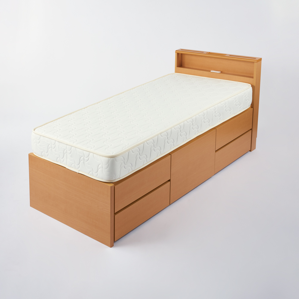 ≪幅86cm・レギュラー長さ199cm≫省スペース対応コンパクトチェストベッド 棚付き（国産ボンネルコイルマットレス付き） ベッド 540214