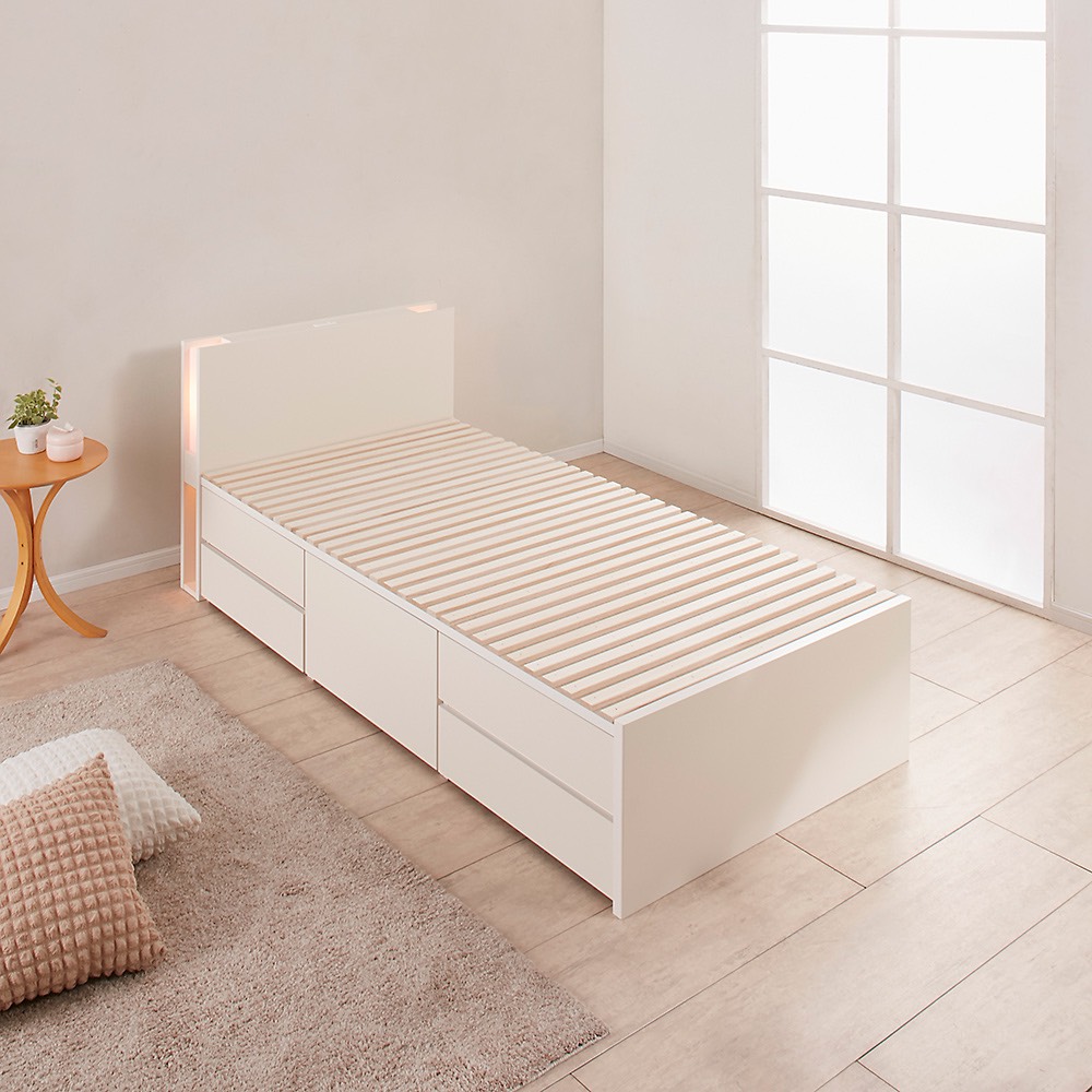 ≪シングル≫ 日本製の引き出しチェストベッド 大量収納引き出しすのこタイプ 照明・収納棚付き（フレームのみ） ベッドフレーム ベッド 540307