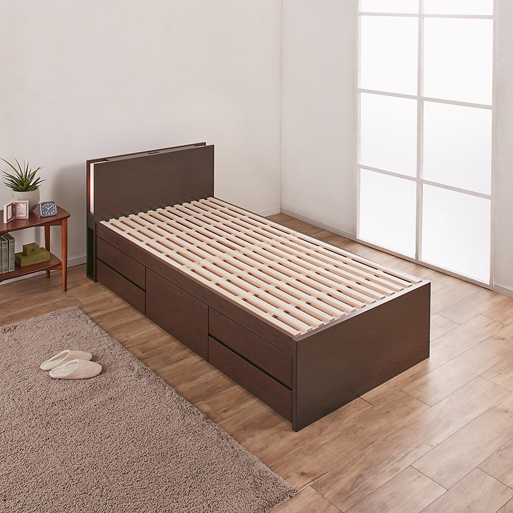 ≪セミダブル≫ 日本製の引き出しチェストベッド 引き出しすのこタイプ 照明・収納棚付き（フレームのみ） ベッドフレーム ベッド 540371