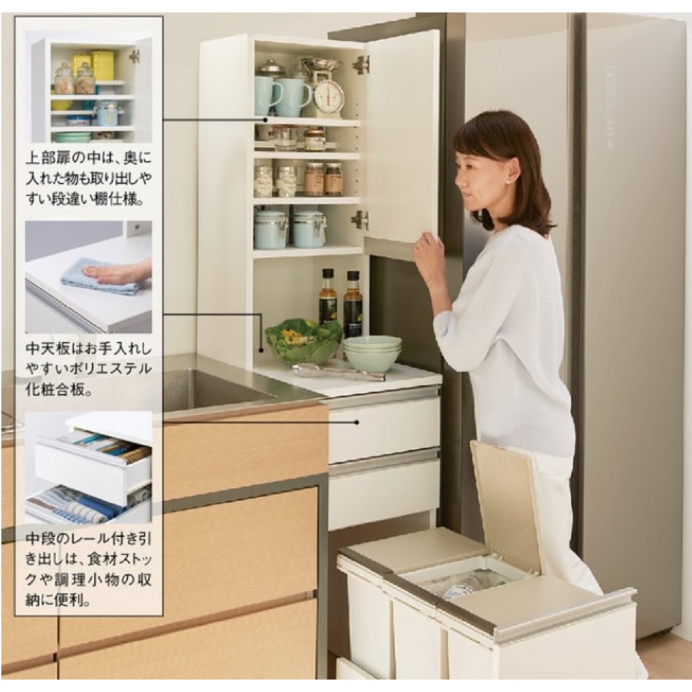 【大容量収納!耐荷重30㎏ 段違いカウンター収納 4枚扉】ブラウン ディノス 大容量収納!耐荷重30㎏ 段違いカウンター収納 4枚扉】ブラウン
