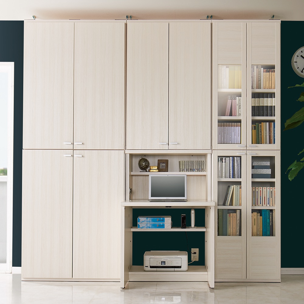 ≪デスク幅74.5cm+ ガラス扉 本棚 幅74.5cm≫重厚感のあるがっちりデスクと扉が選べる本棚上下セット+天井突っ張り金具 パソコン PC ワーク 袖机 机 545021