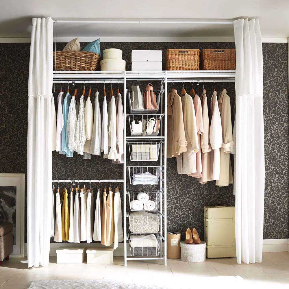 白でカスタマイズするホワイトハンガーシリーズ 上下・左右カーテン付き バスケット付き・ハイタイプ（高さ218cm-280cm・幅170cm-238cm） クローゼットハンガー カバー 衣類収納 545614