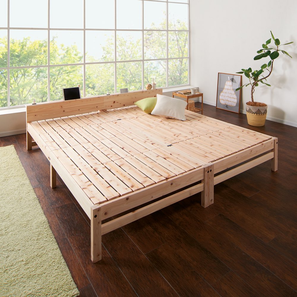 ベッドフレーム ベッド 国産ひのき天然木すのこシングルベッド 棚あり お得な2点セット（フレームのみ） 546133