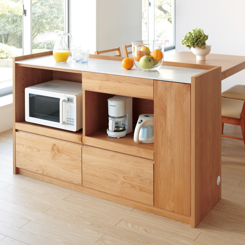 アルダー天然木人工大理石トップ 間仕切り家電収納キッチンカウンター 幅120cm キッチンカウンター キッチン収納 586416