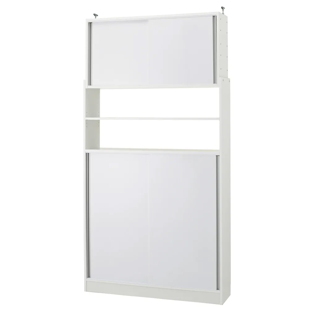 狭いキッチンでも置ける突っ張り式 薄型引き戸パントリー収納庫 奥行30cmタイプ 幅120cm高さ183-232cm キッチンボード キッチン収納 586906