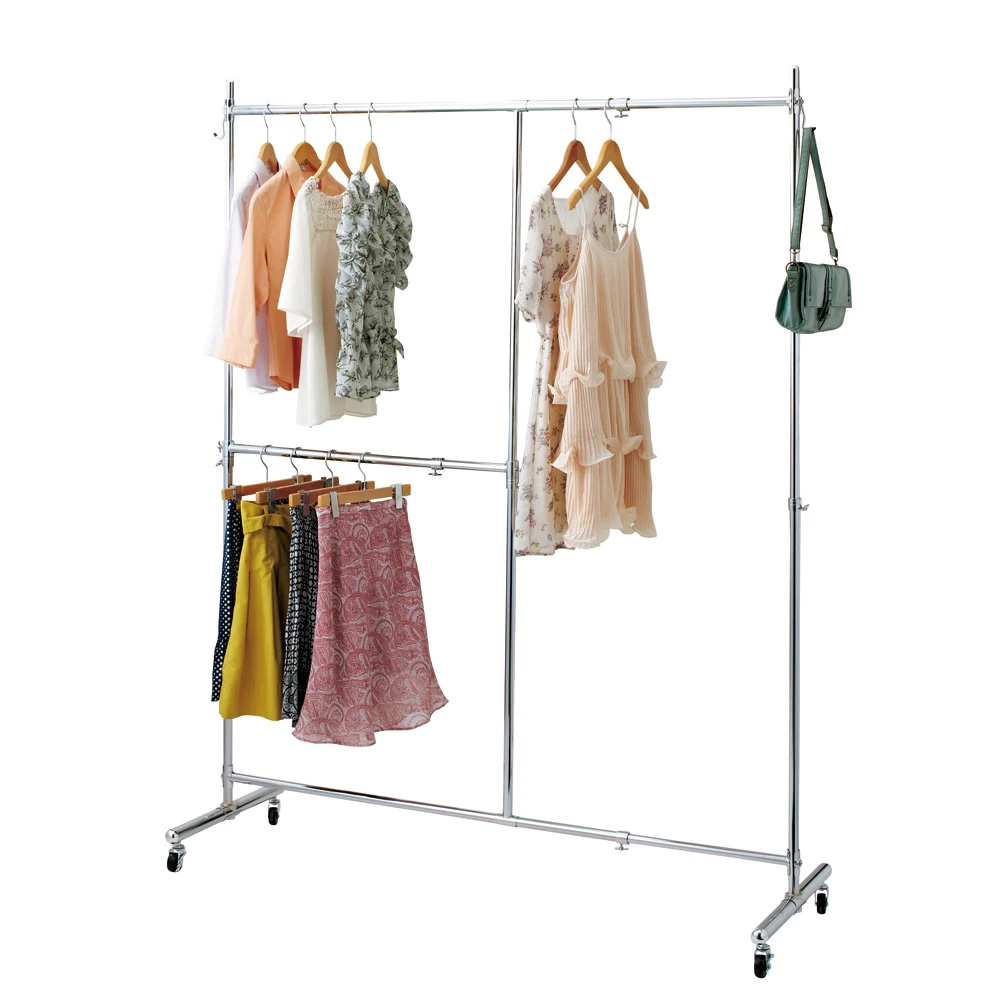 幅と高さが変えられるプロ仕様頑丈ハンガー 上下2段掛け付き シングルタイプ・幅122cm-152cm ハンガーラック パイプハンガー 衣類収納 589314