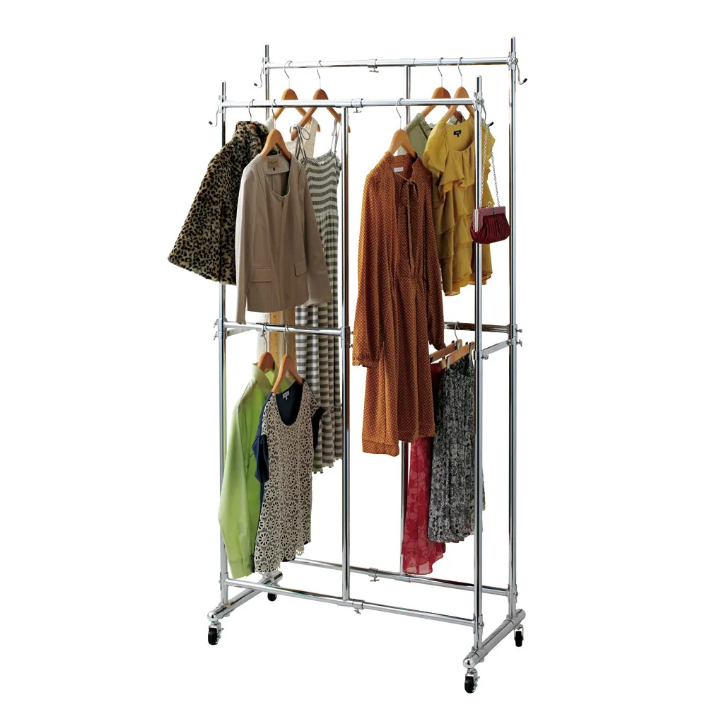 幅と高さが変えられるプロ仕様頑丈ハンガー 上下2段掛け付き ダブルタイプ・幅70cm-92cm ハンガーラック パイプハンガー 衣類収納 589315