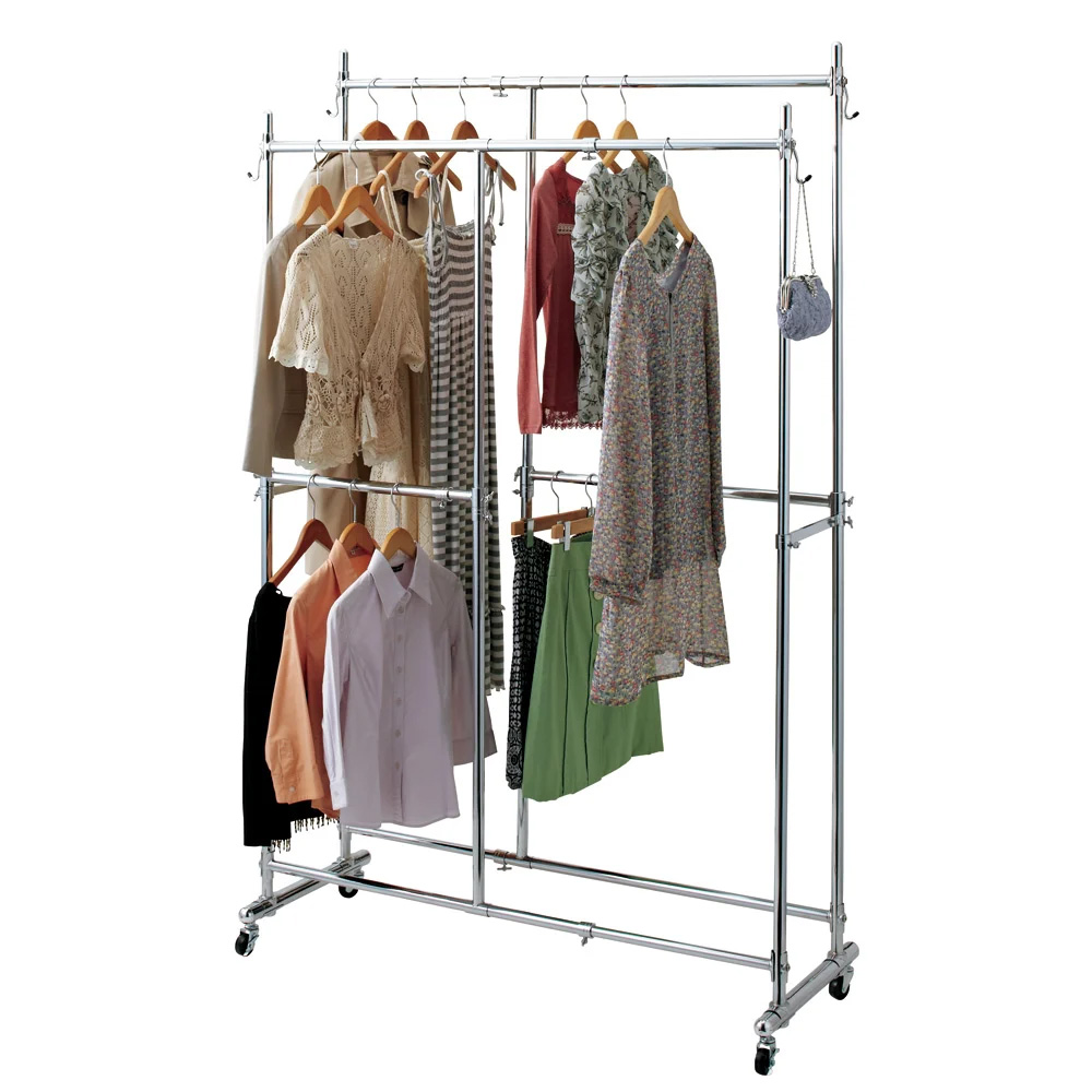 幅と高さが変えられるプロ仕様頑丈ハンガー 上下2段掛け付き ダブルタイプ・幅92cm-122cm ハンガーラック パイプハンガー 衣類収納 589316