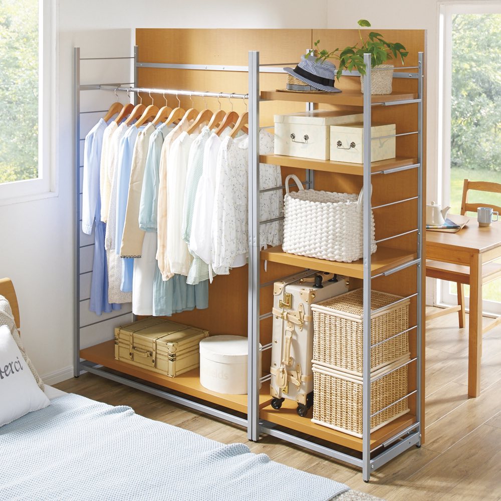 お手軽間仕切り パネル収納ハンガーラック 板タイプ 棚4枚 幅120cm パーテーション 間仕切り リビング収納 589710