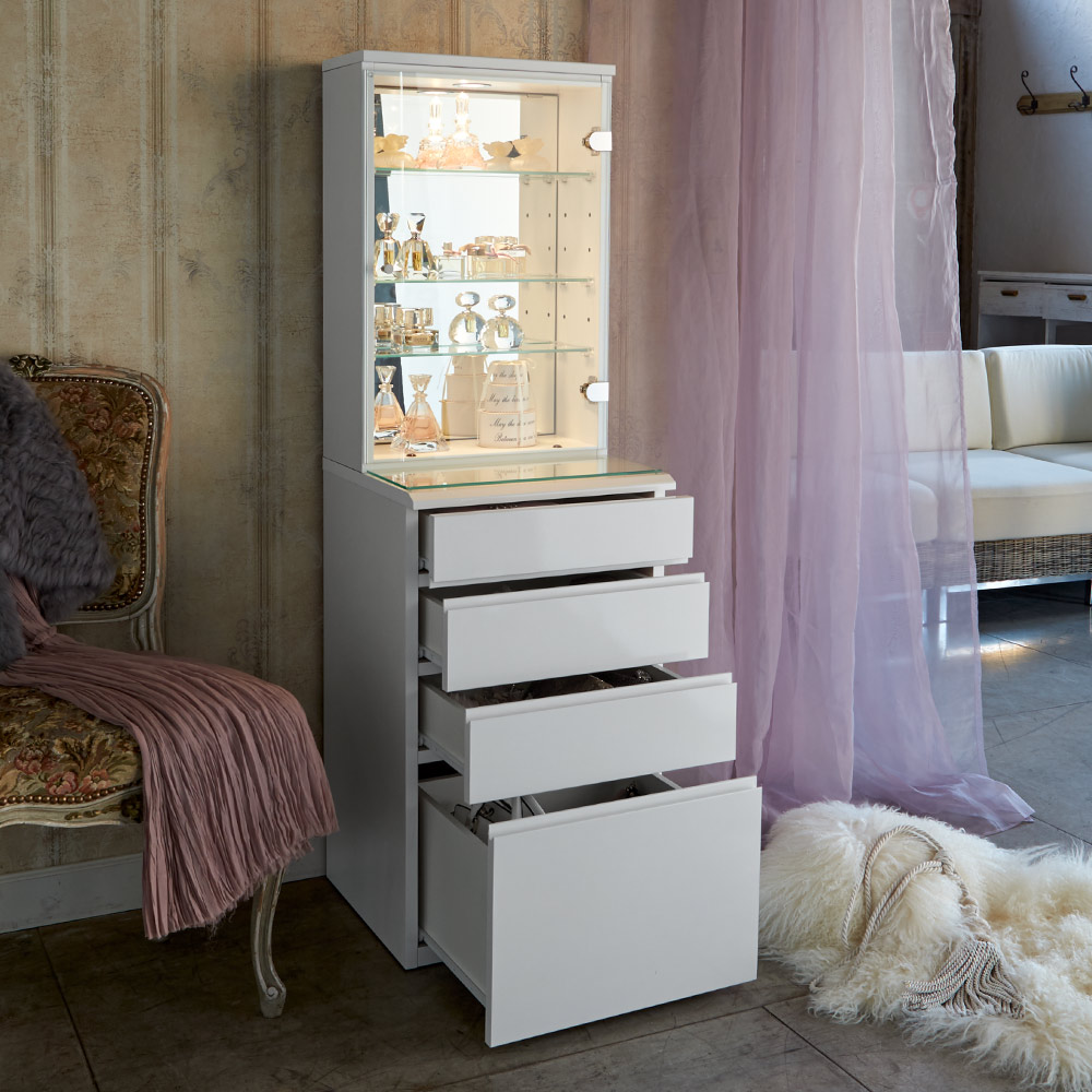 LEDライト付き 楽屋ドレッサーシリーズ ガラスキャビネット付き チェスト 幅45cm リビング リビング収納 585303