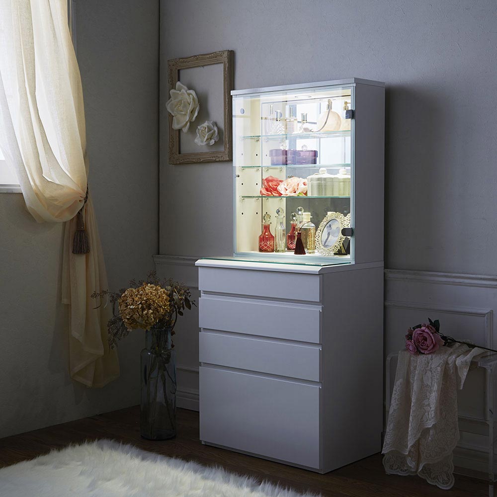 LEDライト付き 楽屋ドレッサーシリーズ ガラスキャビネット付き チェスト 幅60cm リビング リビング収納 585304
