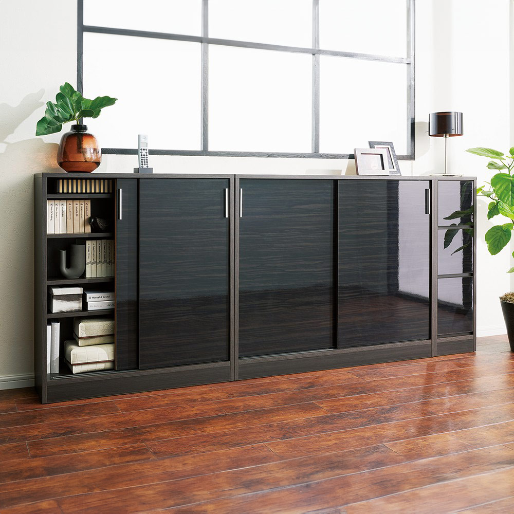 ≪高さ70cm≫光沢木目が美しい引き戸式カウンター下収納 収納庫幅90cm キャビネット リビングボード リビング収納 586124