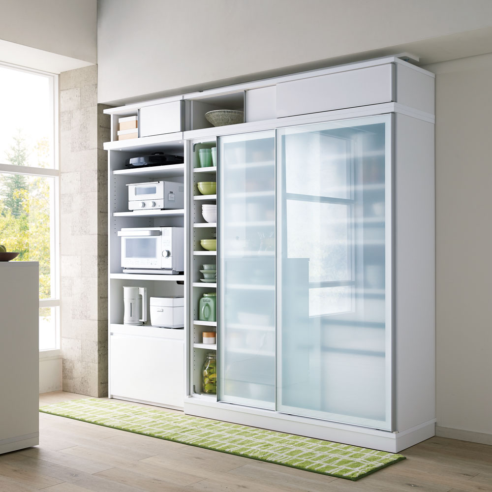 狭いキッチンでも広々使える引き戸式大型パントリーシリーズ スライド収納庫 ガラス扉 幅80cm キッチンボード キッチン収納 586535