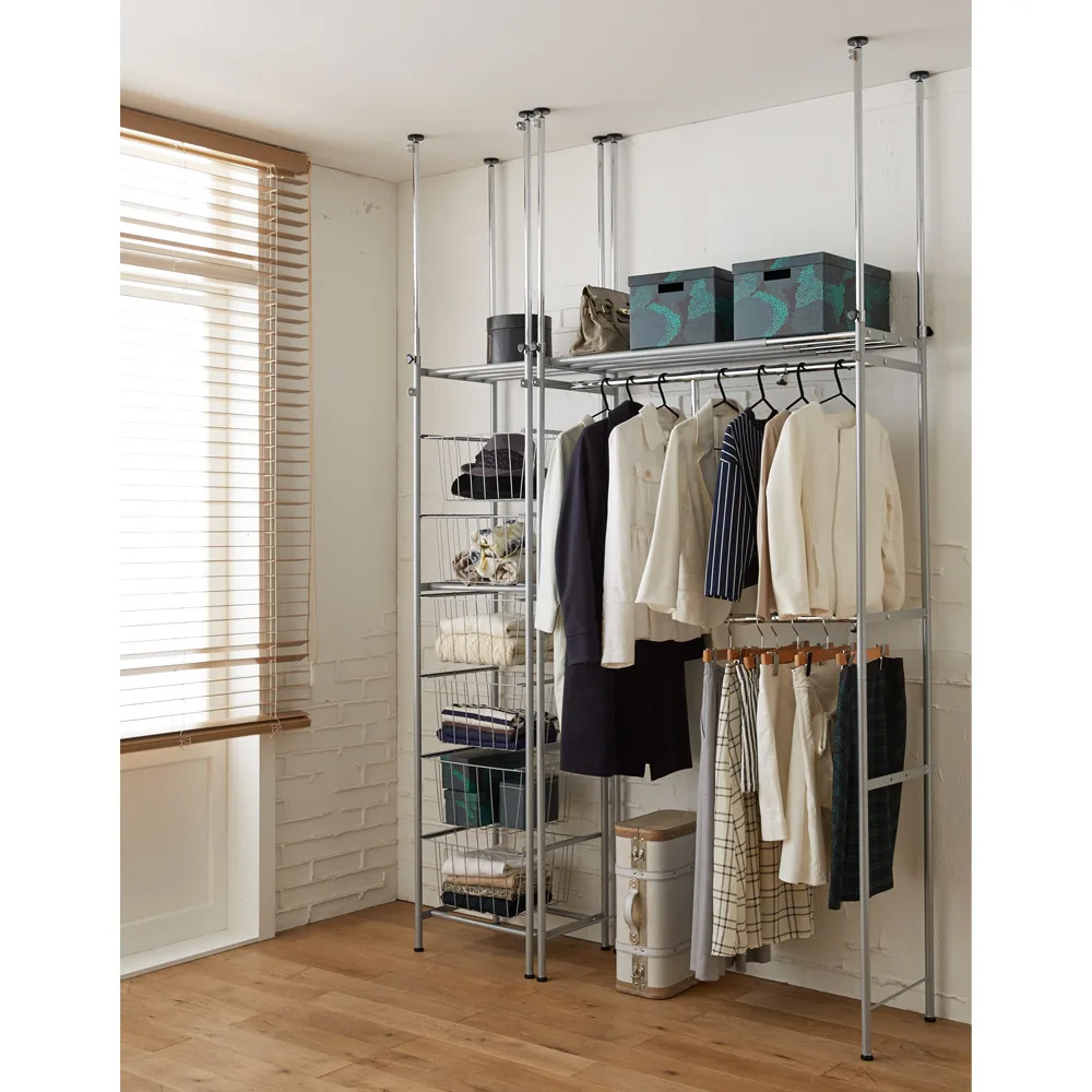 ウォークイン突っ張り ハンガーシリーズ カーテンなしタイプ ロータイプ バスケット幅48cm クローゼットハンガー カバー 衣類収納 589405