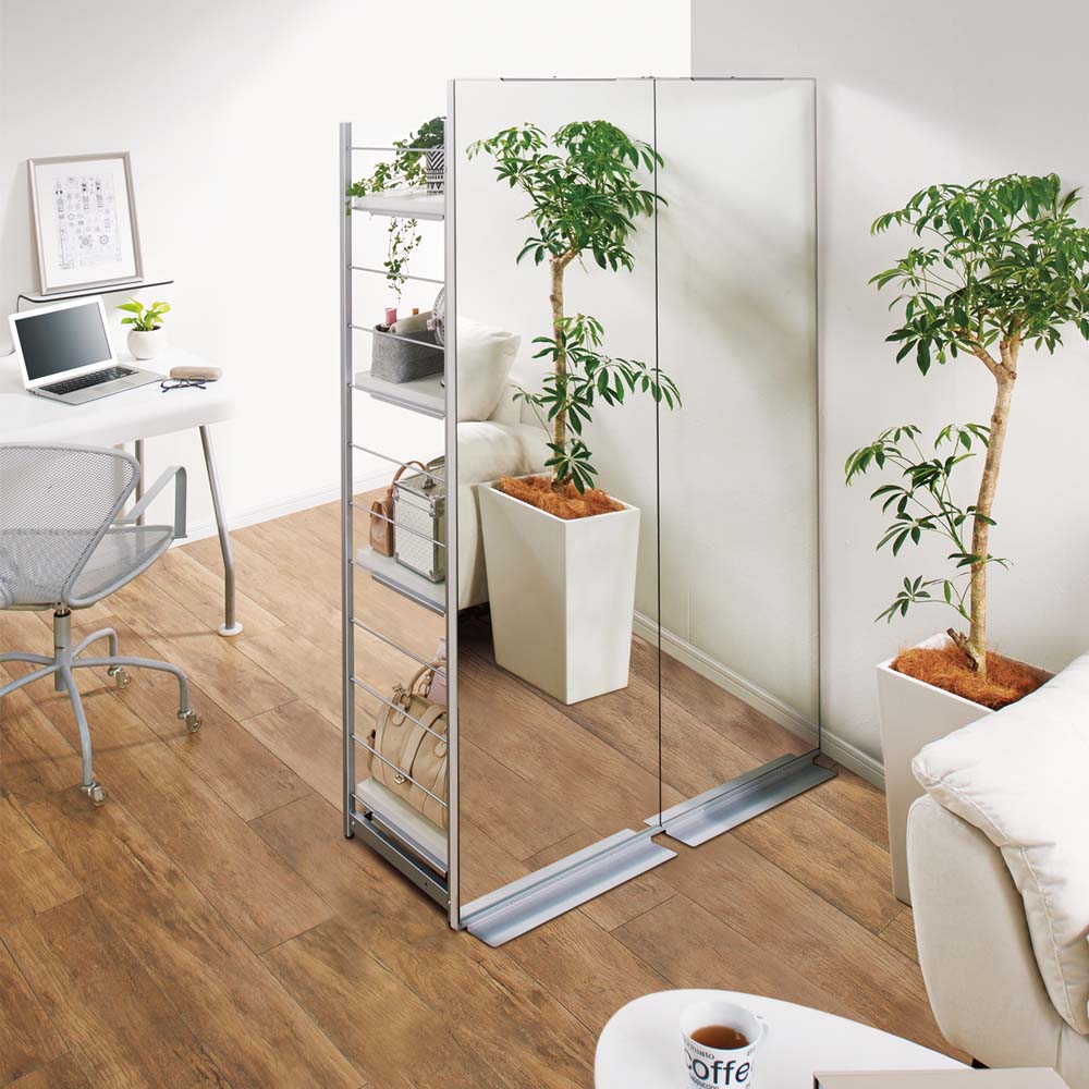 手軽に間仕切り パネル収納 「ミラータイプ」 棚4枚・幅120cm パーテーション 間仕切り リビング収納 589714