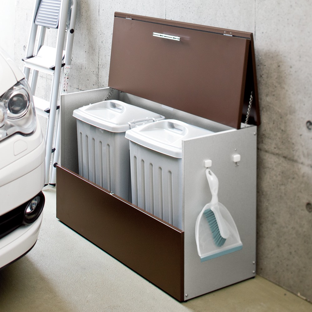 大きく開くガルバ製ゴミ保管庫【スリム】 幅100奥行38cm ペール2個付き 保管庫 590419