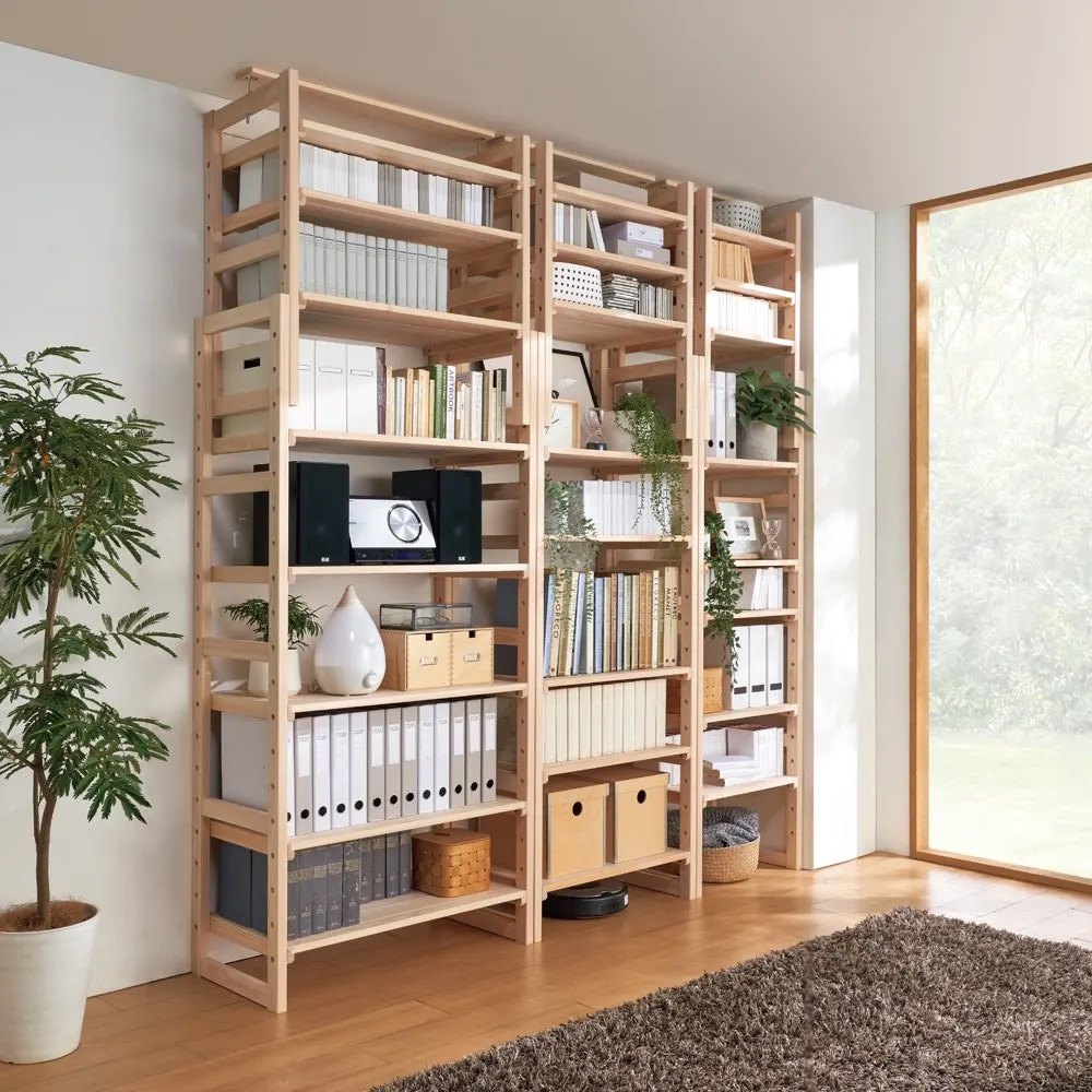 日本製東濃檜 大量収納が叶う国産頑丈突っ張りシェルフ 幅90cm奥行38cm(天井対応高さ188cm-252cm) 突っ張り収納 ラック 本棚 シェルフ 627411