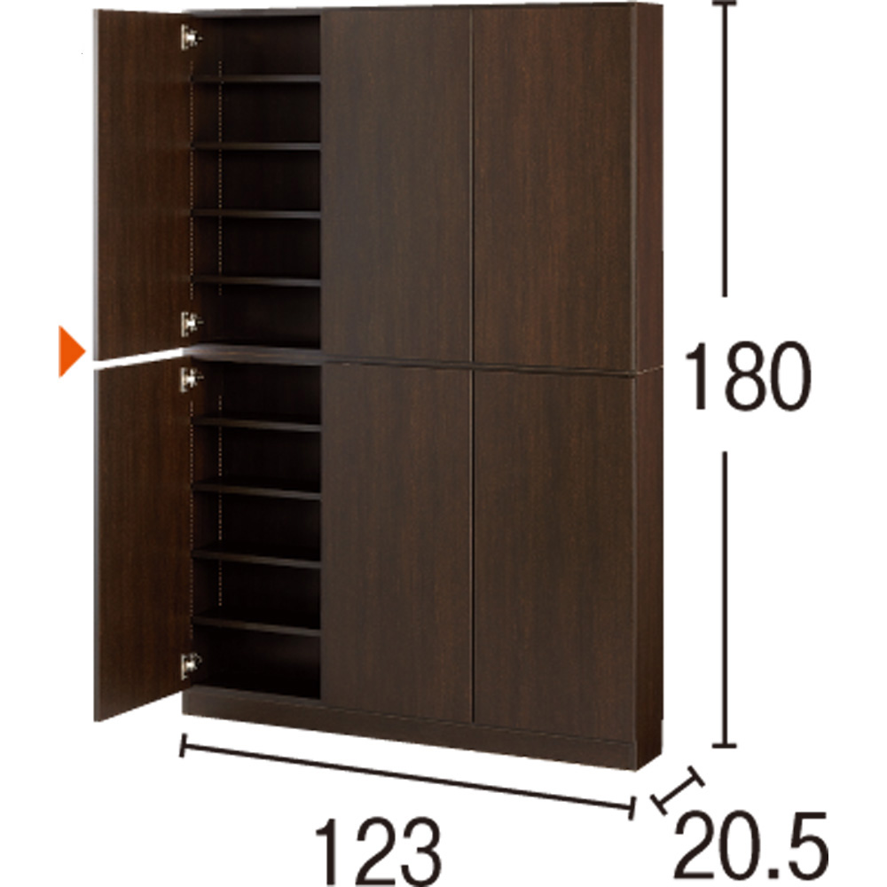 1cmピッチ薄型壁面書棚 奥行20.5cm 幅123cm 高さ180cm 扉 コミックラック 本棚 ラック シェルフ 627814