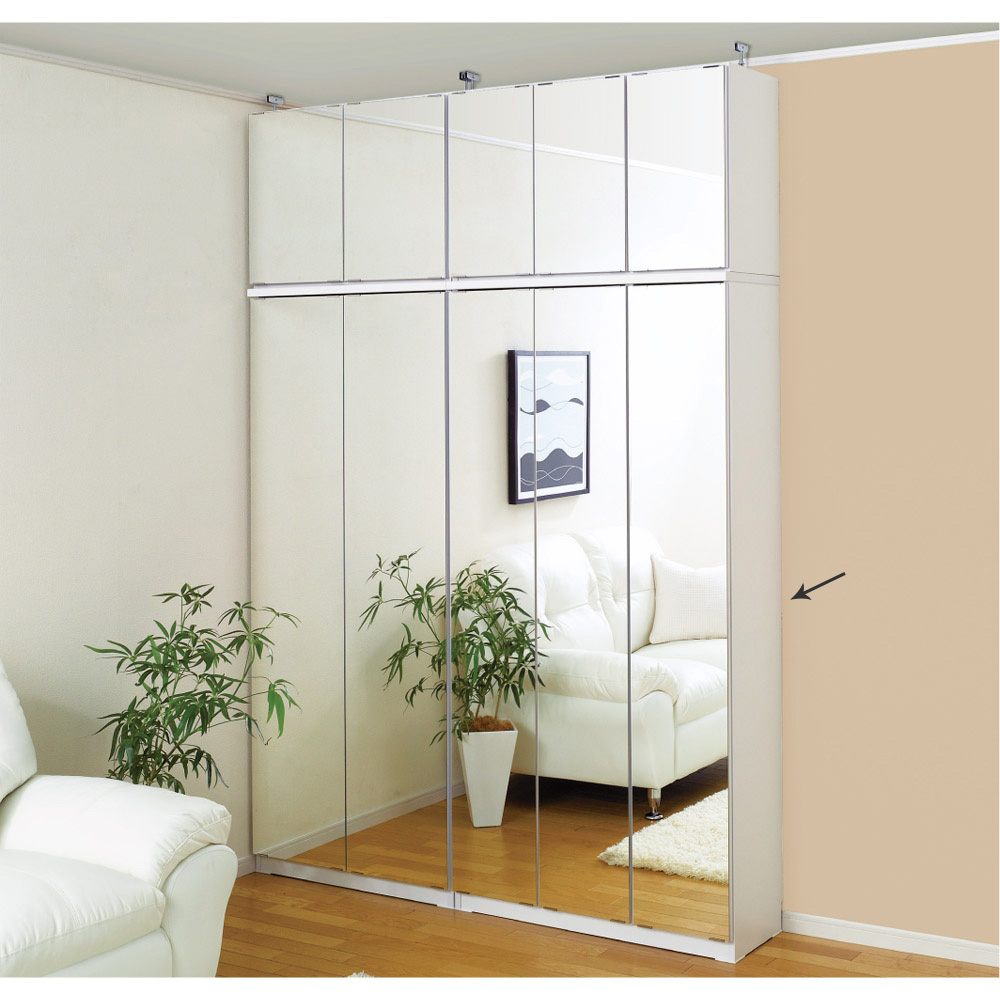 効率収納できる段違い棚シェルフ ［本体 ミラー扉タイプ 開き戸 幅90cm］ 奥行32.5cm 高さ180cm 本棚 ブックシェルフ 書棚 ラック シェルフ 627932