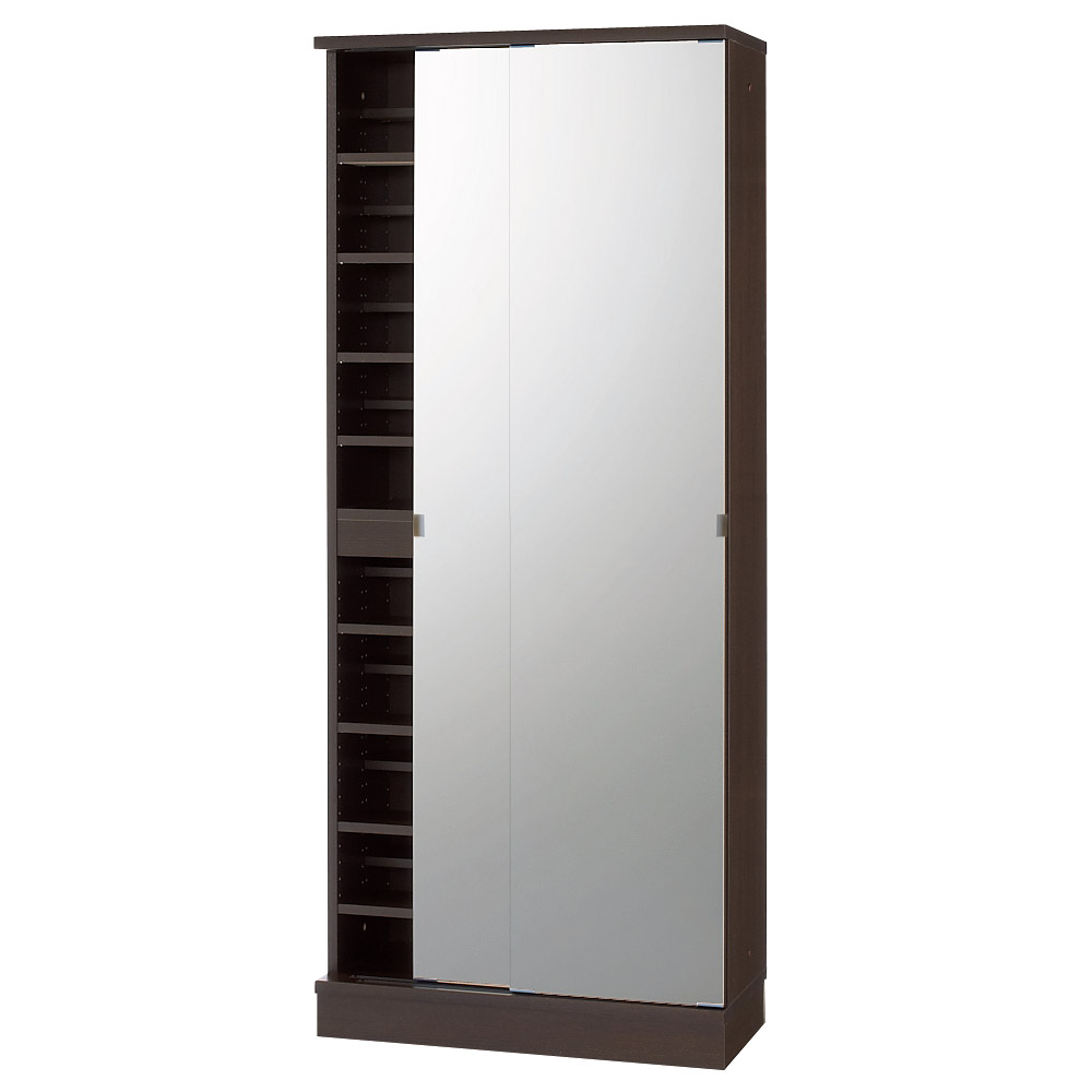 効率収納できる段違い棚シェルフ ［本体 ミラー扉タイプ 引き戸 幅75.5cm］ 奥行36cm 高さ180cm 突っ張り収納 ラック 本棚 シェルフ 627939