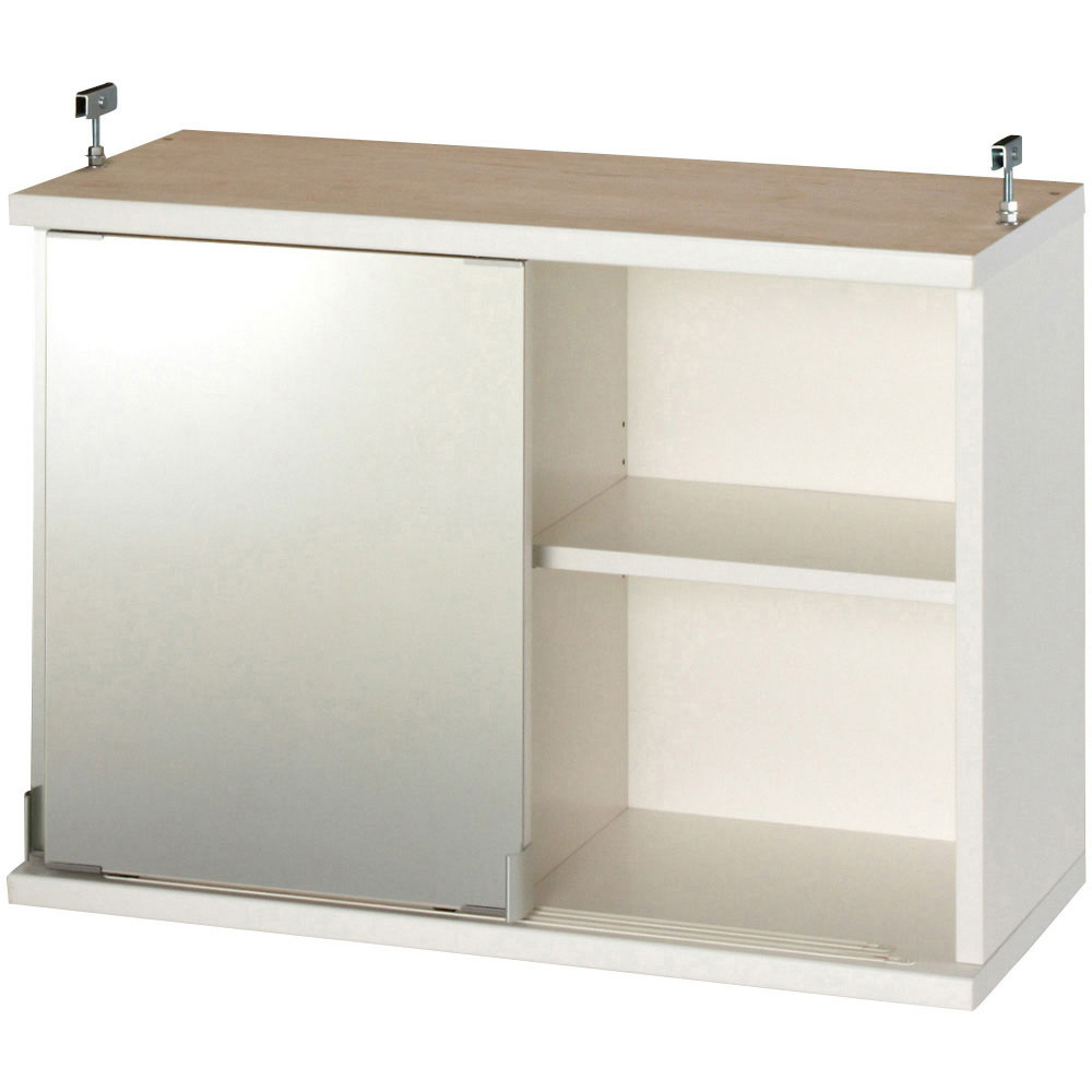 効率収納できる段違い棚シェルフ ［突っ張り上置き ミラー扉タイプ 引き戸 幅75.5cm］上置き高さ54.5cm 突っ張り収納 ラック 本棚 シェルフ 627943