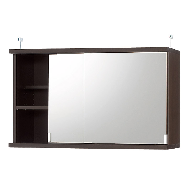 効率収納できる段違い棚シェルフ ［突っ張り上置き ミラー扉タイプ 引き戸 幅90cm］ 上置き高さ54.5cm 突っ張り収納 ラック 本棚 シェルフ 627944