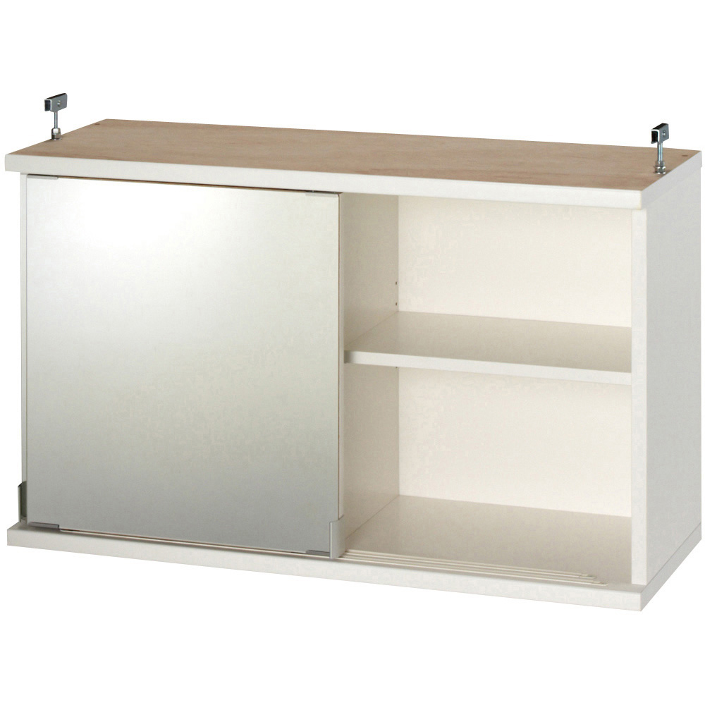 効率収納できる段違い棚シェルフ ［突っ張り上置き ミラー扉タイプ 引き戸 幅90cm］ 上置き高さ54.5cm 突っ張り収納 ラック 本棚 シェルフ 627944