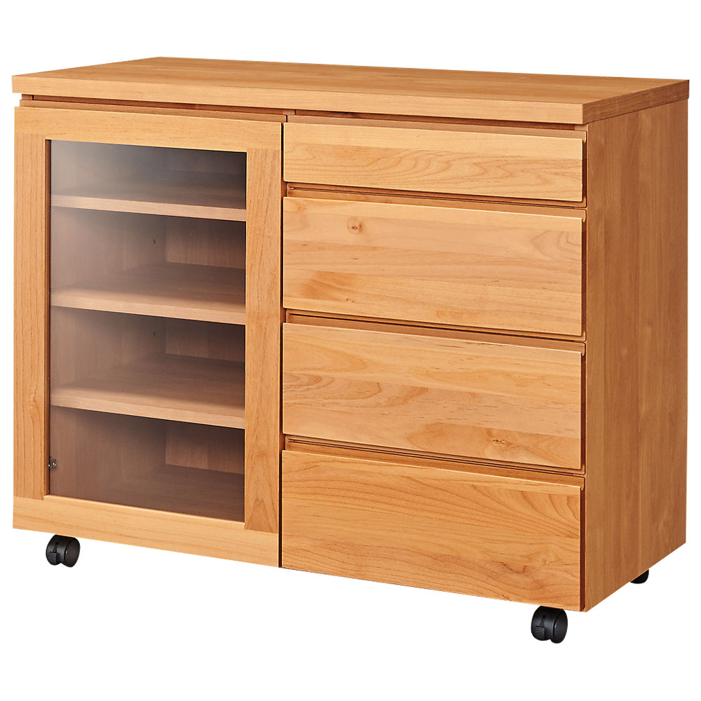 移動しやすいキャスター付きアルダー天然木 キャビネット収納・幅90.5cm キャビネット リビングボード リビング収納 628426