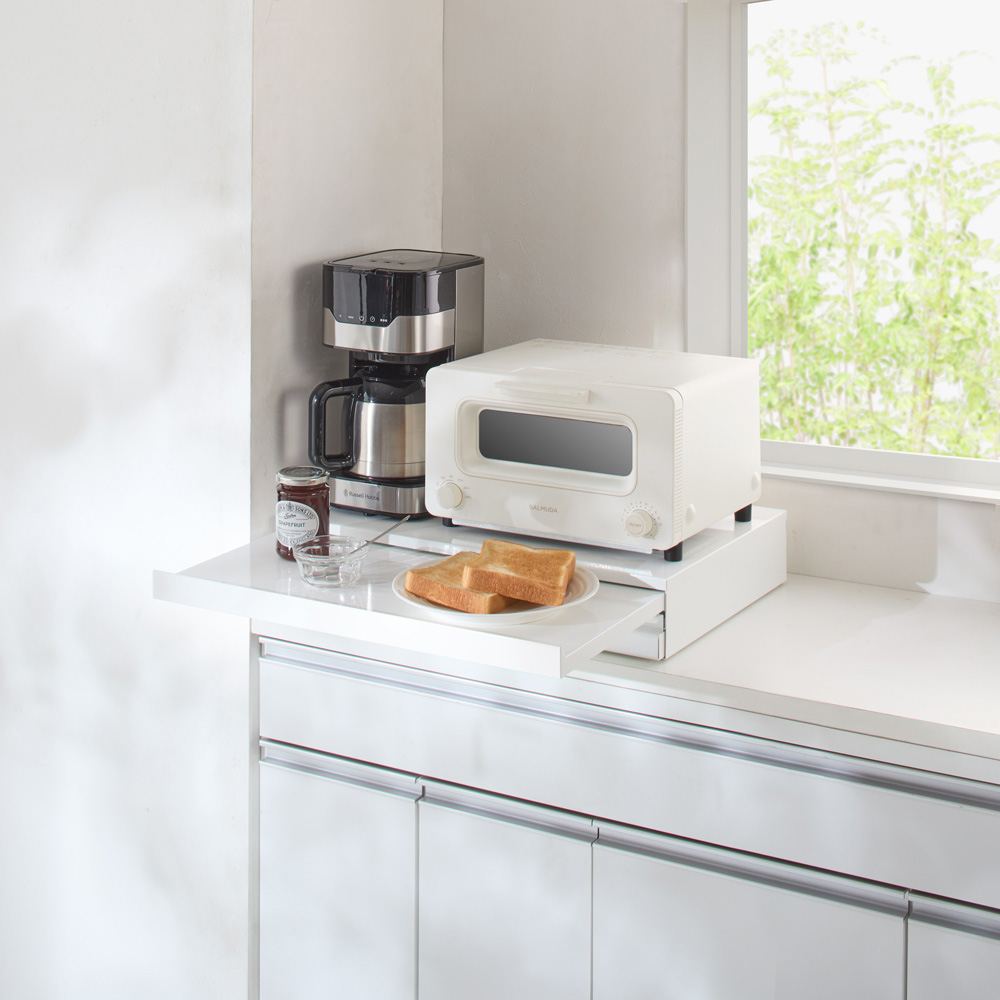 「さらにグレードアップした」国産レンジ下スライドサポートテーブル 幅45cm 引き出し付き スライド テーブル 引き出し 収納 作業台 スライドテーブル 冷蔵庫 オーブン 上 耐熱 板 台 ラック レンジ下 トレー スライドトレー レンジ置き 完成品 レンジボード 630712