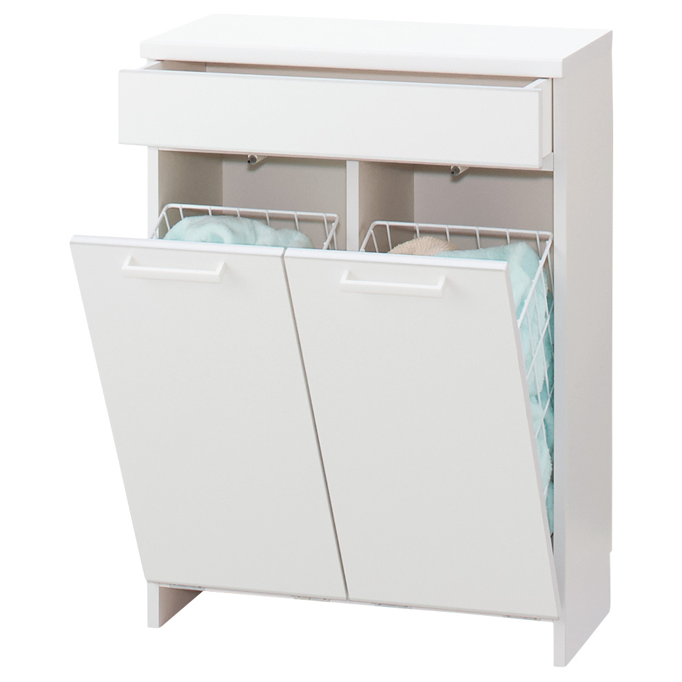 組立不要 隠せる脱衣カゴ付きサニタリーチェスト カゴ2個 幅60奥行30cm 洗面所収納 隙間収納 トイレ 洗面所 ランドリー収納 631211