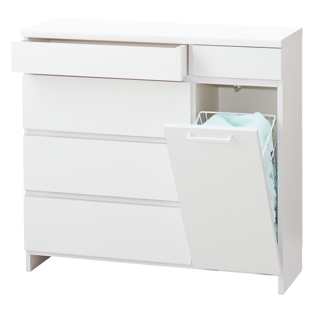 組立不要 隠せる脱衣カゴ付きサニタリーチェスト カゴ1個・引き出し 幅90奥行30cm 洗面所収納 隙間収納 トイレ 洗面所 ランドリー収納 631213