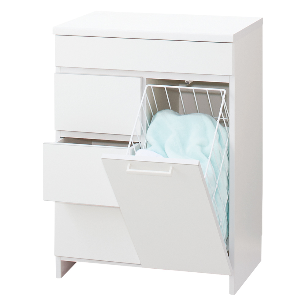 組立不要 隠せる脱衣カゴ付きサニタリーチェスト カゴ1個・引き出し 幅60奥行42cm 洗面所収納 隙間収納 トイレ 洗面所 ランドリー収納 631215