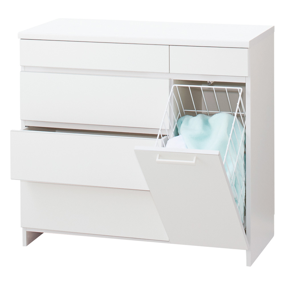 組立不要 隠せる脱衣カゴ付きサニタリーチェスト カゴ1個・引き出し 幅90奥行42cm 洗面所収納 隙間収納 トイレ 洗面所 ランドリー収納 631216