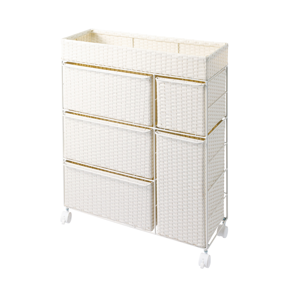 省スペースラタン調ランドリーチェスト 引き出し5杯タイプ 幅66cm奥行28cm高さ80cm 洗面所収納 隙間収納 トイレ 洗面所 ランドリー収納 631221