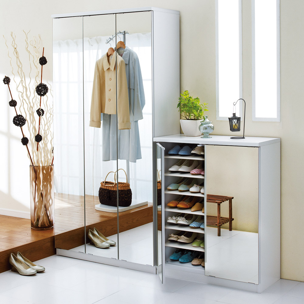 前面ミラー&板戸シューズボックス ミドルタイプ・幅75.5 高さ93cm 下駄箱 シューズボックス 玄関収納 631517