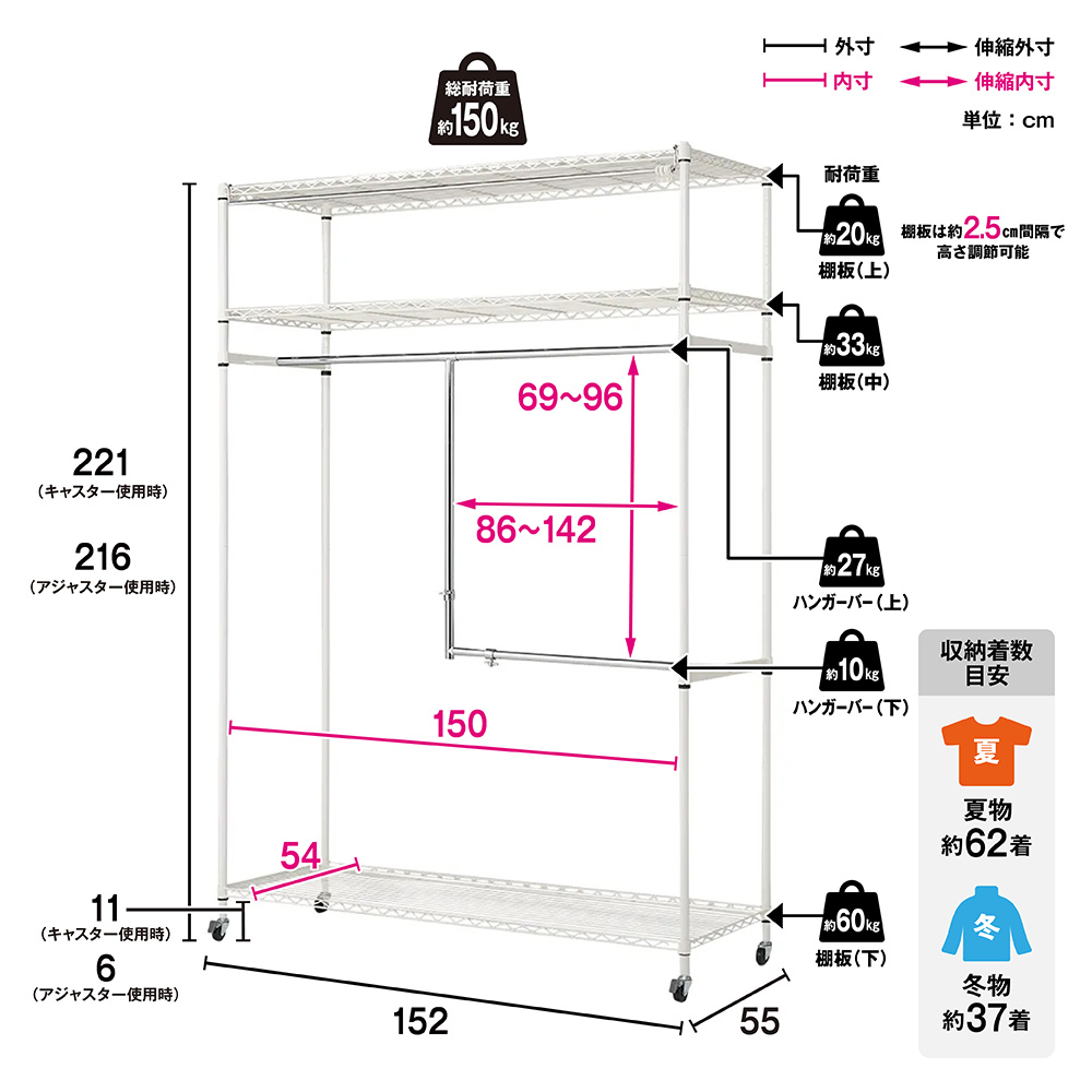 150kg 洗えるカバー付き 頑丈ハンガーラック 幅150 幅152cm 洗えるカバー付き 頑丈ハンガーラック ロータイプ・幅152cm 通販