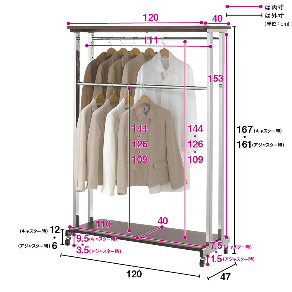 上下棚付き モダン頑丈ハンガーラック ダブル・幅120cm ディノスANAmall店