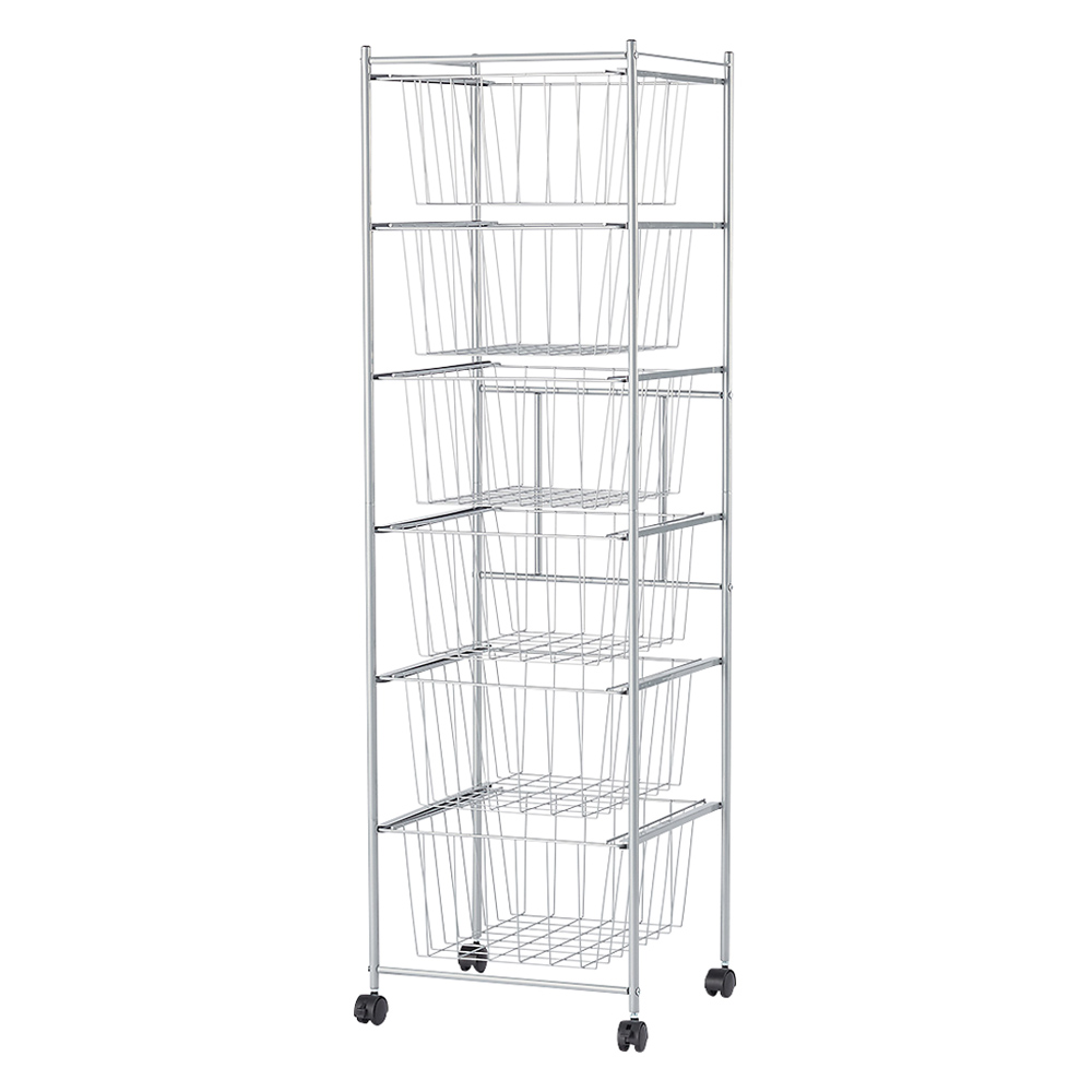 奥行53cm 上下カーテン付き突っ張り頑丈シリーズ スライドバスケット6段 押入れ クローゼット収納 衣類収納 632017